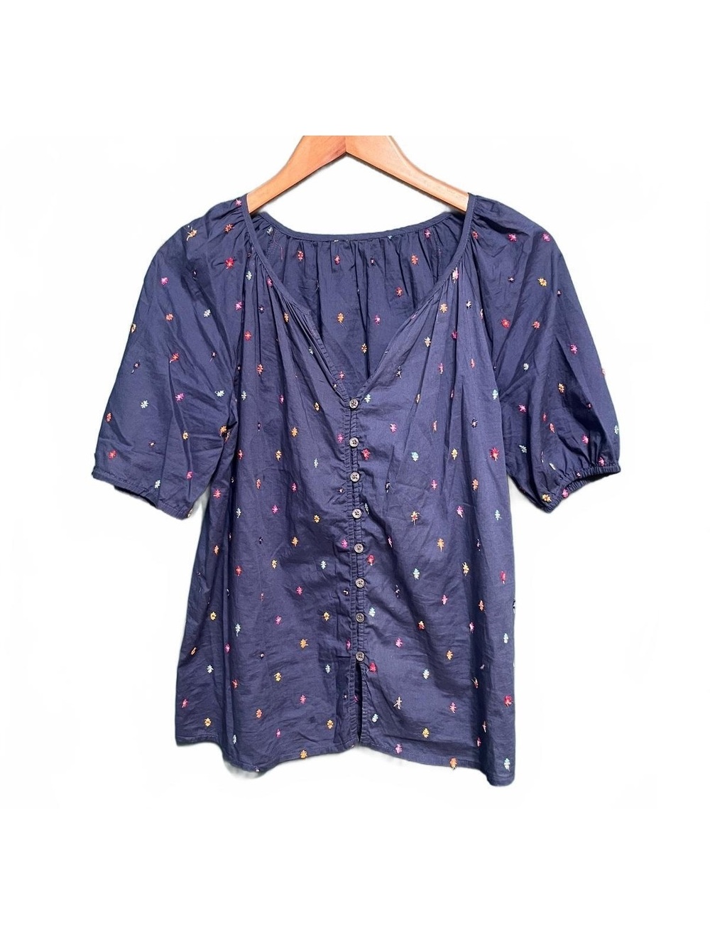 American Eagle Navy Embroidered Floral Puff Sleeve Boho Cotton Blouse Top XS
